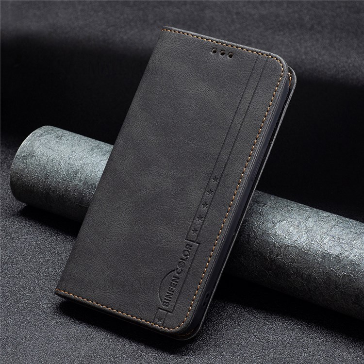 BINFEN COLOR Scratch Resistant Anti-swiping Design PU Leather Phone Case Stand Cover for Oppo A74 4G / Oppo F19 - Black-10