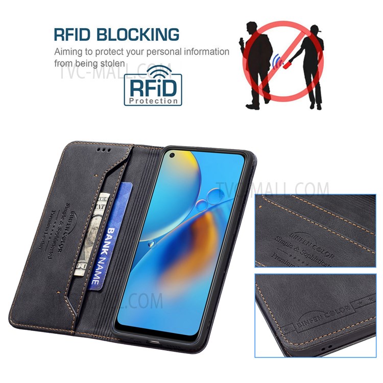 BINFEN COLOR Scratch Resistant Anti-swiping Design PU Leather Phone Case Stand Cover for Oppo A74 4G / Oppo F19 - Black-3