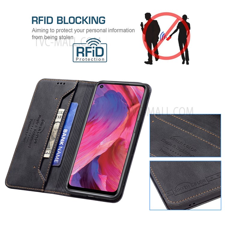 BINFEN COLOR Stylish RFID Blocking Design Shock-proof Stand Cover PU Leather Phone Case for OppoA74 5G/A93 5G/A54 5G - Black-3