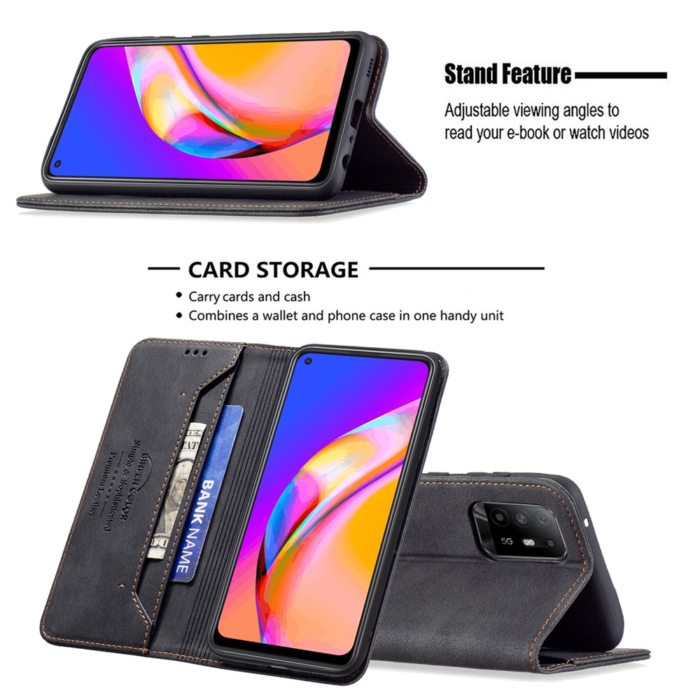 BINFEN COLOR Stylish RFID Blocking Design Anti-drop PU Leather Phone Case Wear-resistant Stand Cover for Oppo A94 5G/F19 Pro+ 5G/Reno5 Z - Black-2