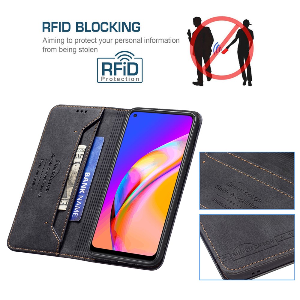 BINFEN COLOR Stylish RFID Blocking Design Anti-drop PU Leather Phone Case Wear-resistant Stand Cover for Oppo A94 5G/F19 Pro+ 5G/Reno5 Z - Black-3