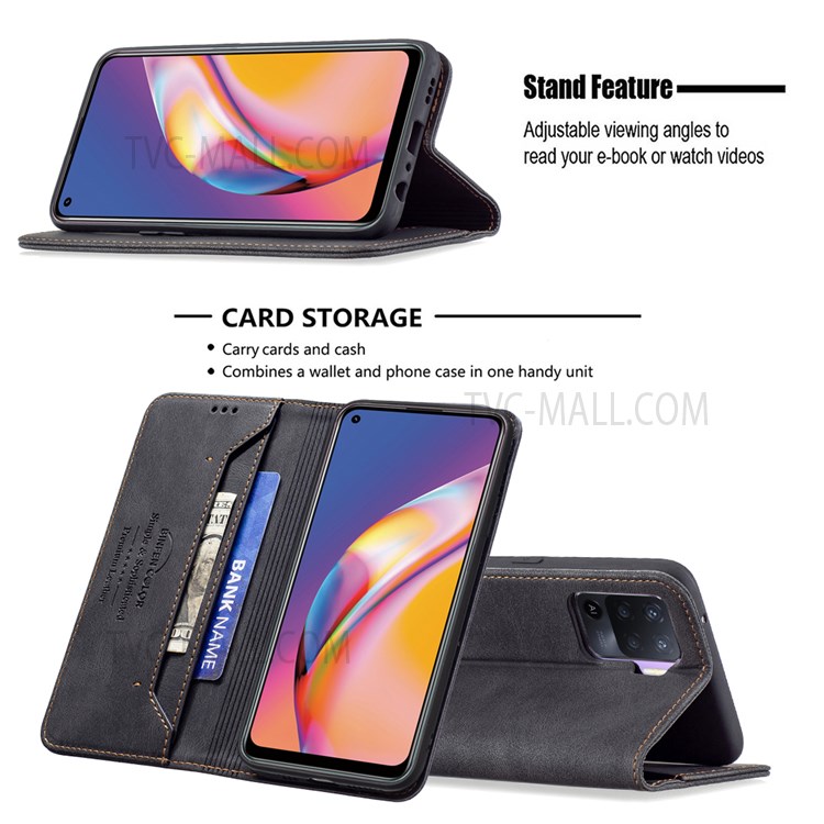 BINFEN COLOR Anti-Scratch PU Leather Wallet Stand Phone Case RFID Blocking Cover for Oppo A94 4G/Reno5 F/F19 Pro - Black-2