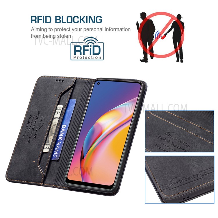 BINFEN COLOR Anti-Scratch PU Leather Wallet Stand Phone Case RFID Blocking Cover for Oppo A94 4G/Reno5 F/F19 Pro - Black-3