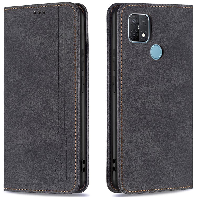 BINFEN COLOR RFID Blocking PU Leather Wallet Stand Shock-absorbing Phone Case Cover for Oppo A15 - Black-1