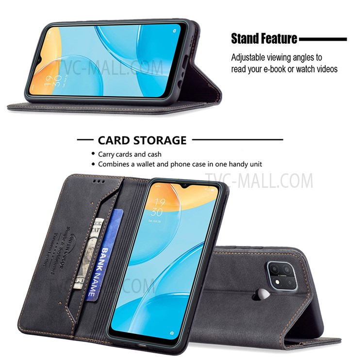 BINFEN COLOR RFID Blocking PU Leather Wallet Stand Shock-absorbing Phone Case Cover for Oppo A15 - Black-2
