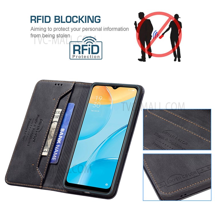 BINFEN COLOR RFID Blocking PU Leather Wallet Stand Shock-absorbing Phone Case Cover for Oppo A15 - Black-3