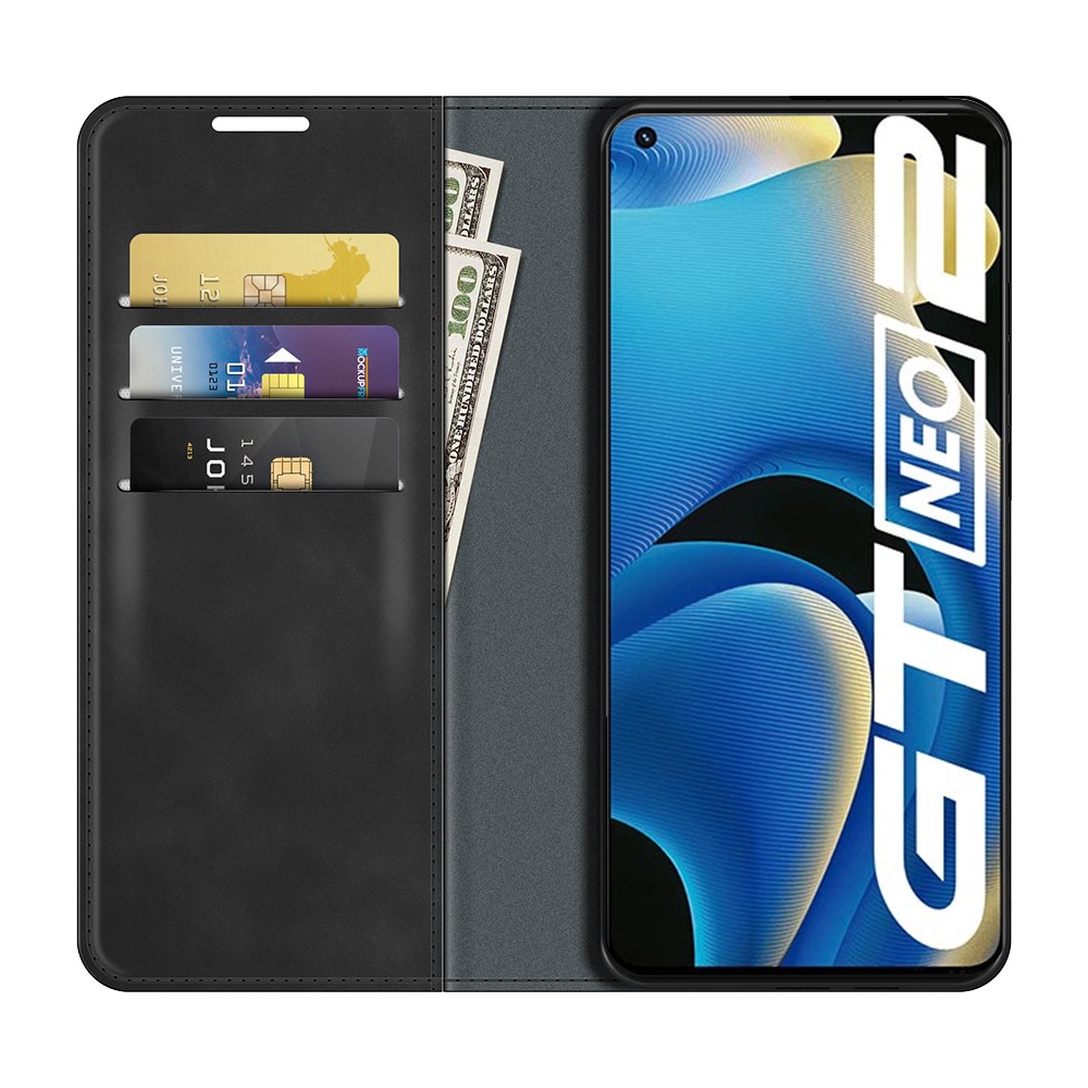 Supporting Stand Silky-Touch Super Magnet Closure Folio Flip Leather Cover Protective Case with Wallet for Realme GT Neo2 - Black-4