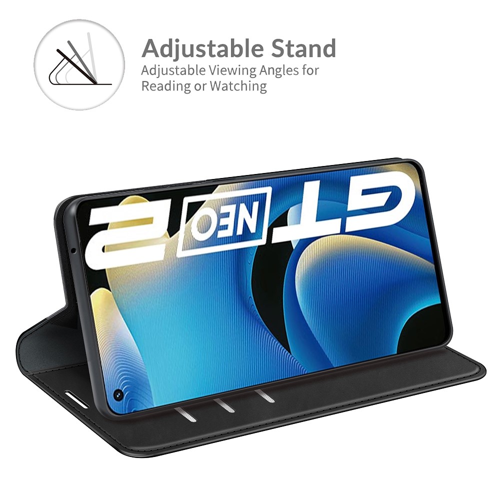 Supporting Stand Silky-Touch Super Magnet Closure Folio Flip Leather Cover Protective Case with Wallet for Realme GT Neo2 - Black-5