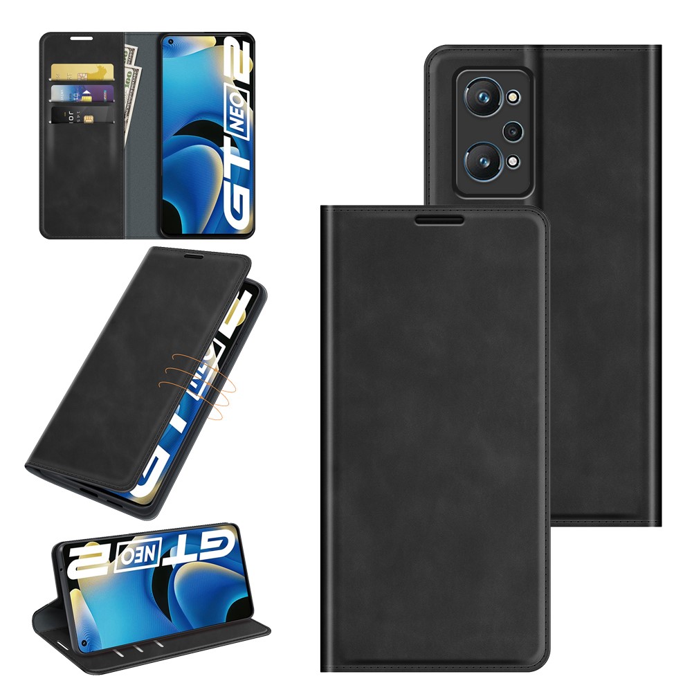 Supporting Stand Silky-Touch Super Magnet Closure Folio Flip Leather Cover Protective Case with Wallet for Realme GT Neo2 - Black-8