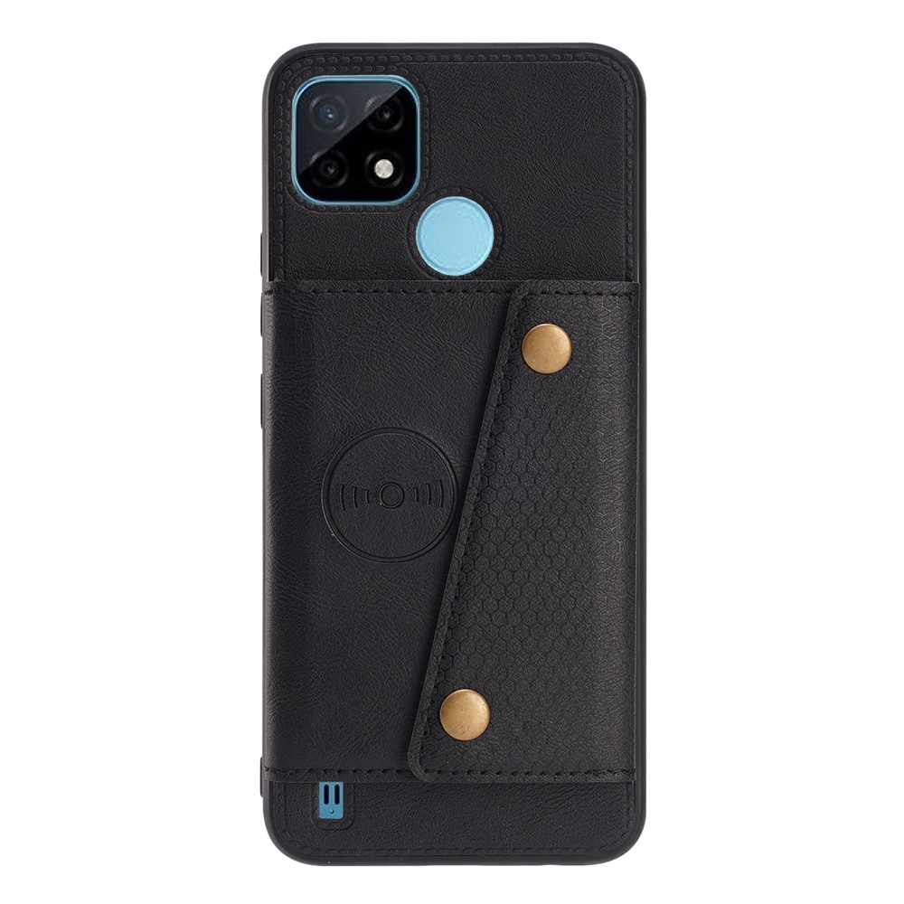 Kickstand Card Slots Design PU Leather Coated TPU Case with Built-in Metal Sheet for Realme C21Y - Black-1