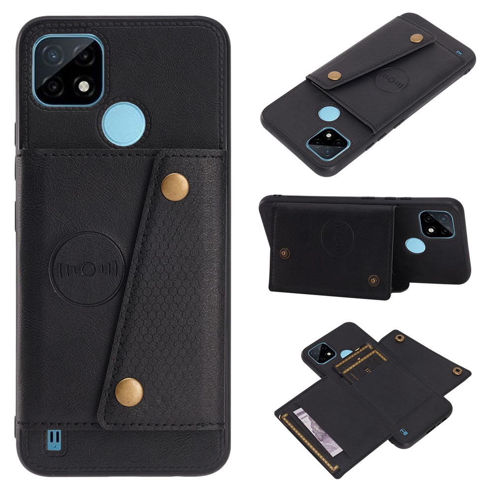 Kickstand Card Slots Design PU Leather Coated TPU Case with Built-in Metal Sheet for Realme C21Y - Black-8