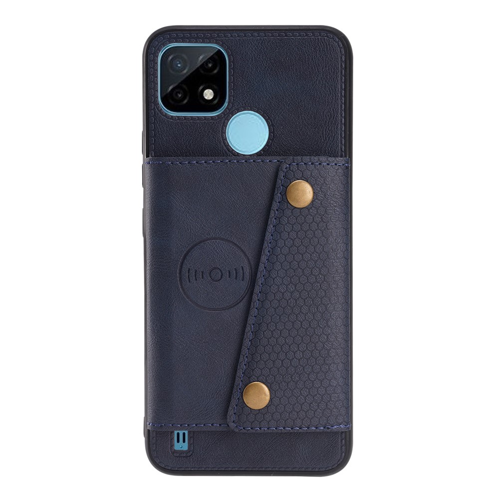 Kickstand Card Slots Design PU Leather Coated TPU Case with Built-in Metal Sheet for Realme C21Y - Blue-1