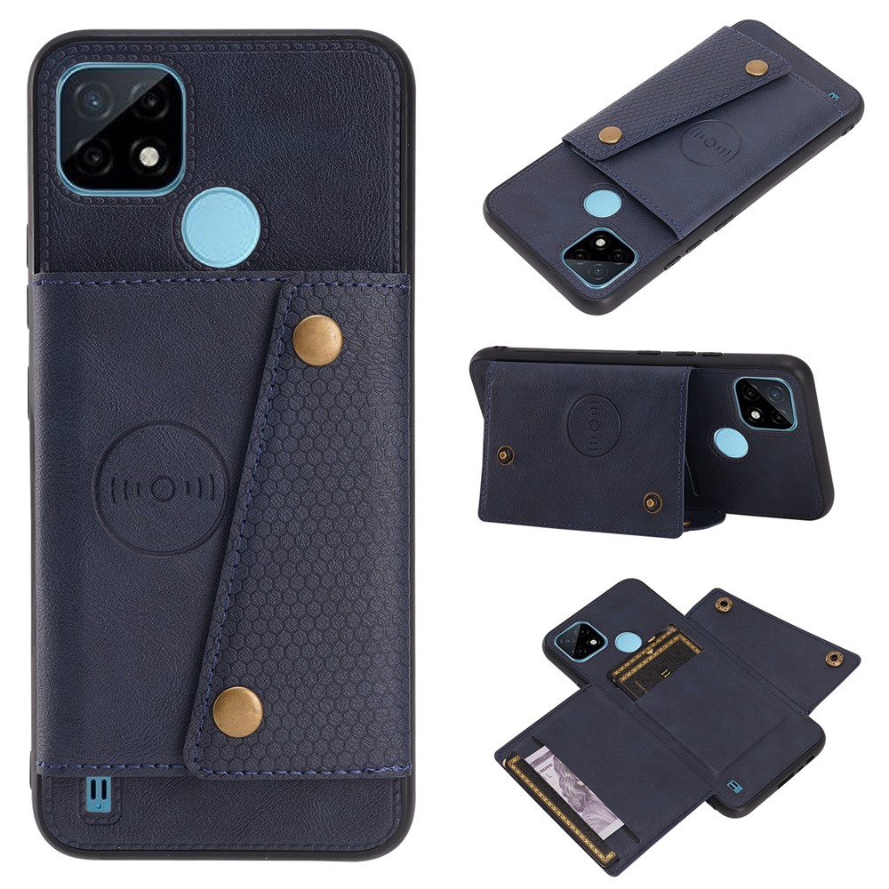 Kickstand Card Slots Design PU Leather Coated TPU Case with Built-in Metal Sheet for Realme C21Y - Blue-8