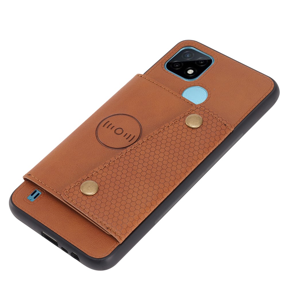 Kickstand Card Slots Design PU Leather Coated TPU Case with Built-in Metal Sheet for Realme C21Y - Light Brown-2