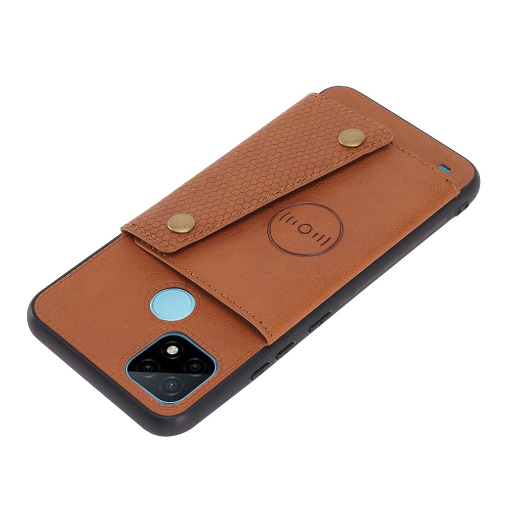Kickstand Card Slots Design PU Leather Coated TPU Case with Built-in Metal Sheet for Realme C21Y - Light Brown-3