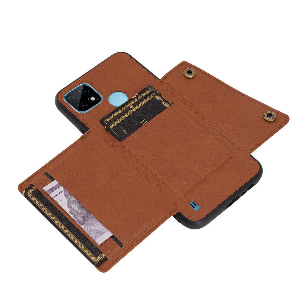 Kickstand Card Slots Design PU Leather Coated TPU Case with Built-in Metal Sheet for Realme C21Y - Light Brown-5