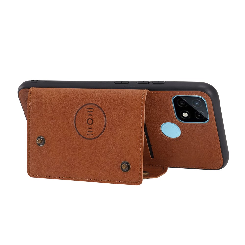 Kickstand Card Slots Design PU Leather Coated TPU Case with Built-in Metal Sheet for Realme C21Y - Light Brown-6