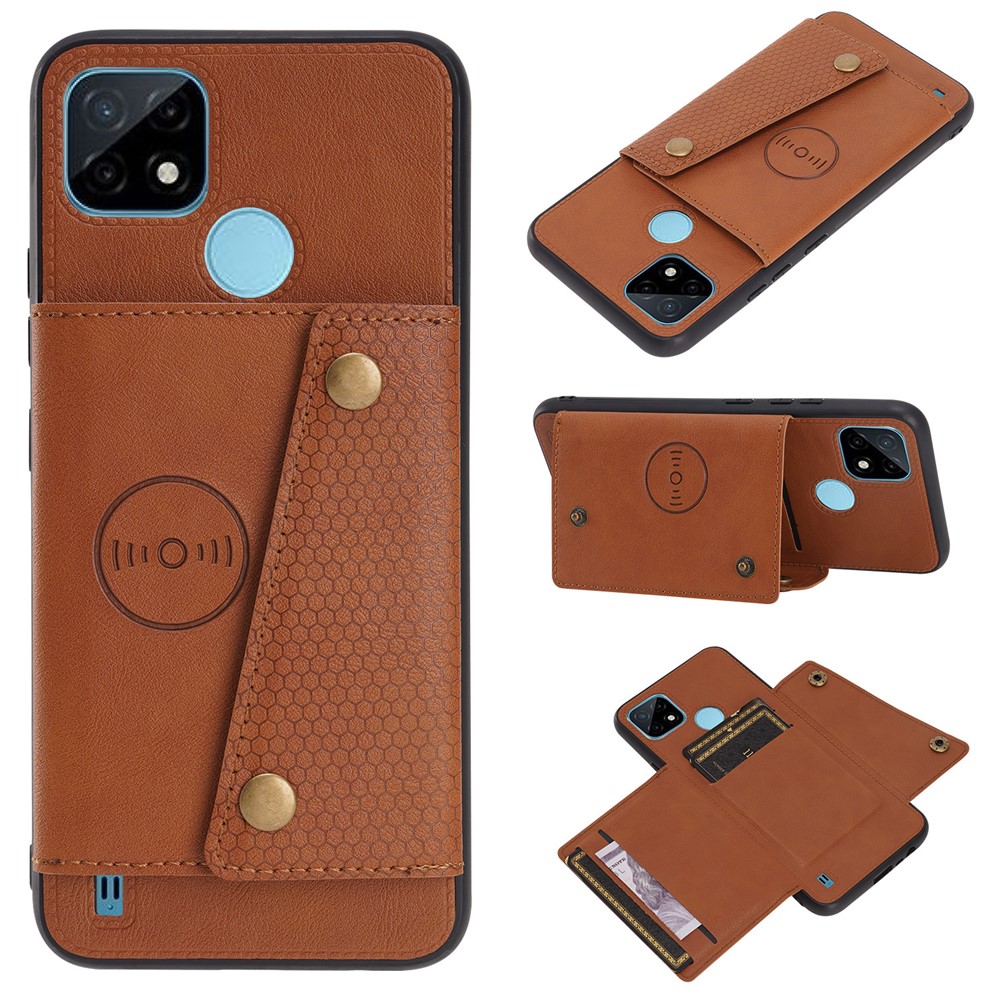 Kickstand Card Slots Design PU Leather Coated TPU Case with Built-in Metal Sheet for Realme C21Y - Light Brown-8