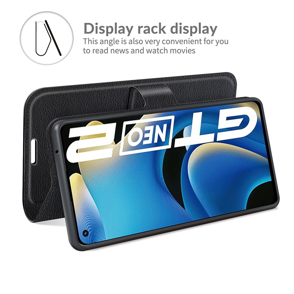 Shock-resistant Litchi Texture Folio Flip Magnetic Closure PU Leather Stand Case Wallet Phone Cover for Realme GT Neo2 - Black-6