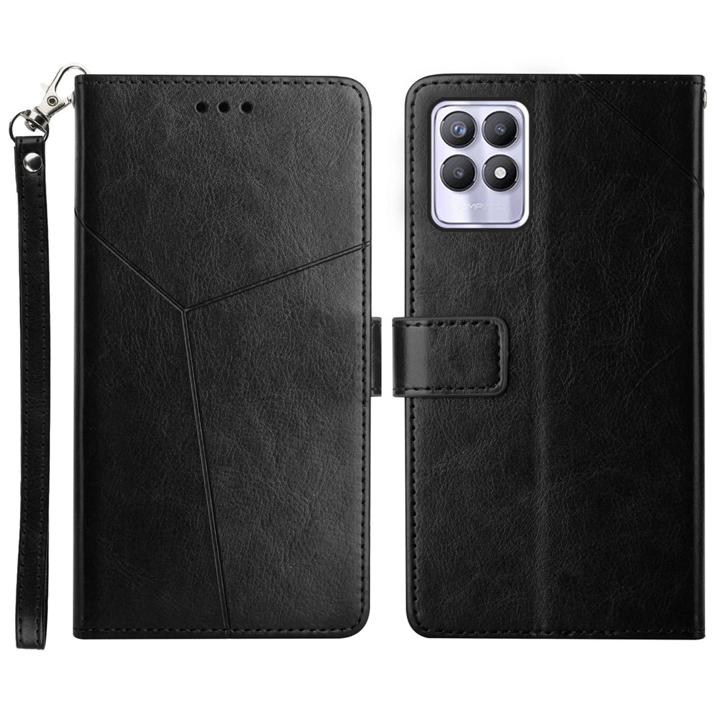 4 Corners Anti-fall Y-Shaped Lines Imprinting PU Leather + Soft TPU Inner Shell Wallet Stand Phone Cover for Realme 8i - Black-1