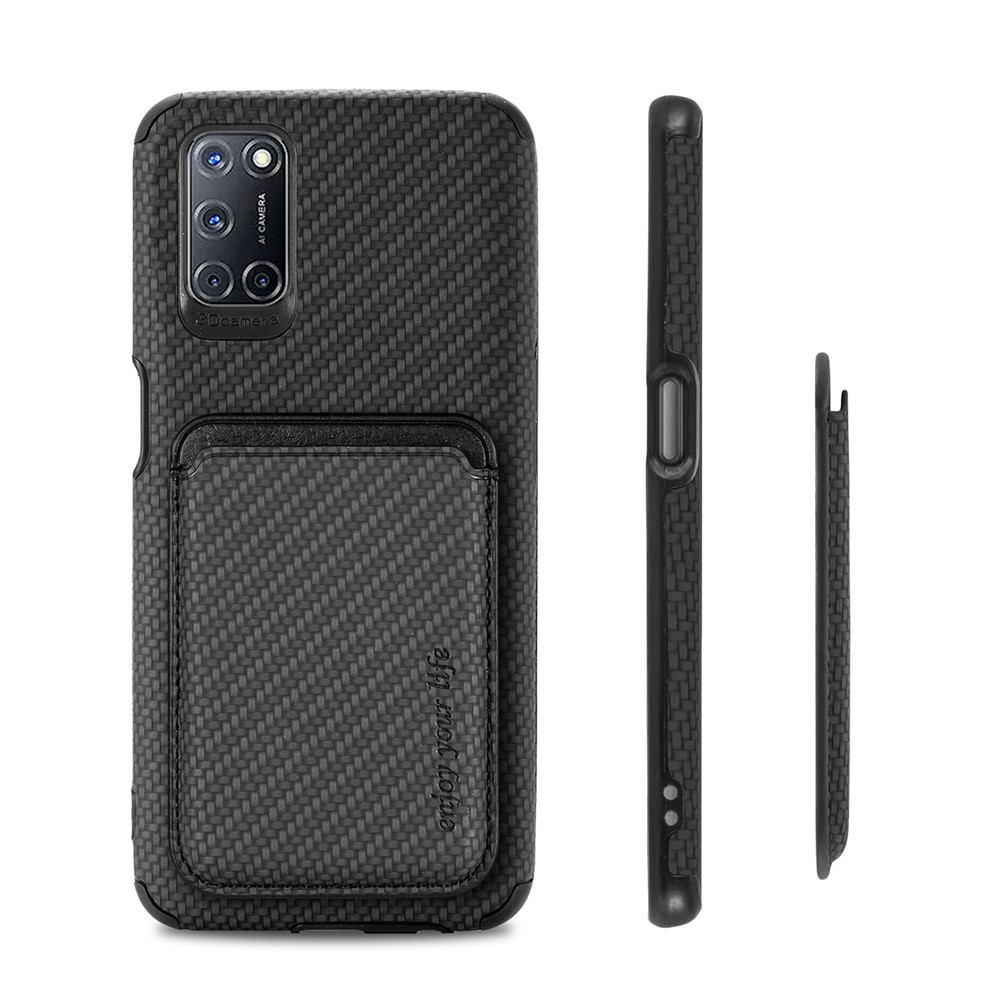 Carbon Fiber Texture Detachable 2-in-1 Magnetic Absorption Card Slot Light Slim Stylish PU Leather Coated PVC + TPU Phone Case for OPPO A52/A72/A92 - Black-10