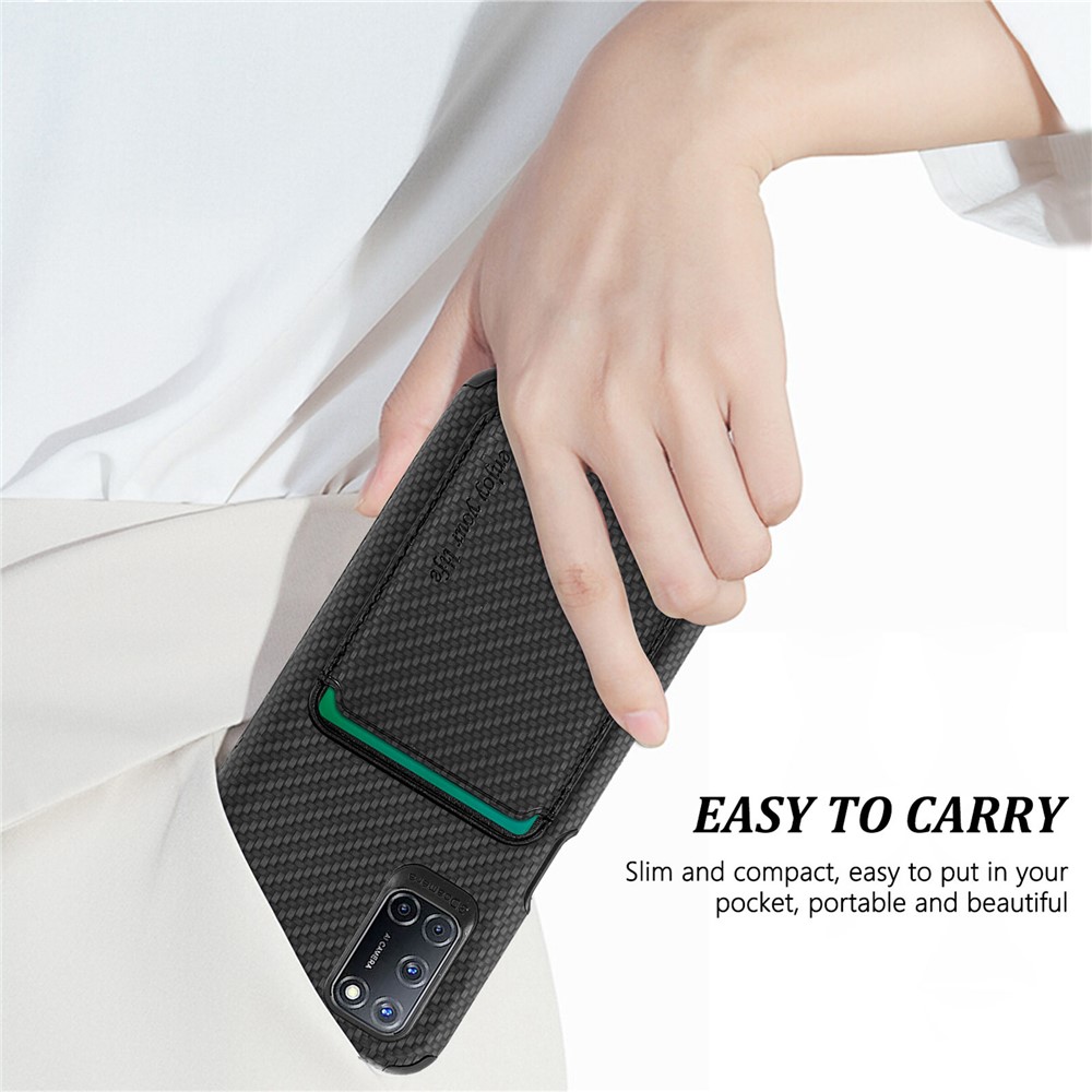 Carbon Fiber Texture Detachable 2-in-1 Magnetic Absorption Card Slot Light Slim Stylish PU Leather Coated PVC + TPU Phone Case for OPPO A52/A72/A92 - Black-5