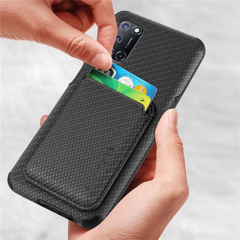 Carbon Fiber Texture Detachable 2-in-1 Magnetic Absorption Card Slot Light Slim Stylish PU Leather Coated PVC + TPU Phone Case for OPPO A52/A72/A92 - Black-7