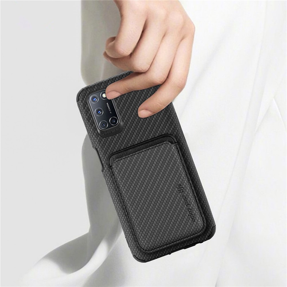 Carbon Fiber Texture Detachable 2-in-1 Magnetic Absorption Card Slot Light Slim Stylish PU Leather Coated PVC + TPU Phone Case for OPPO A52/A72/A92 - Black-8