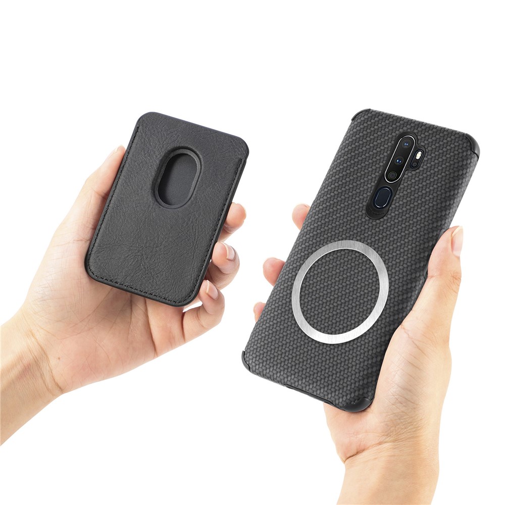 Carbon Fiber Texture Anti-Seismic Anti-Drop Detachable 2-in-1 Magnetic Absorption Card Slot PU Leather Coated PVC + TPU Phone Case for OPPO A5 (2020)/A9 (2020)/A11x - Black-7
