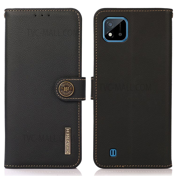 KHAZNEH Wallet Stand RFID Blocking Genuine Leather Phone Case for Realme C20/C11 - Black-1