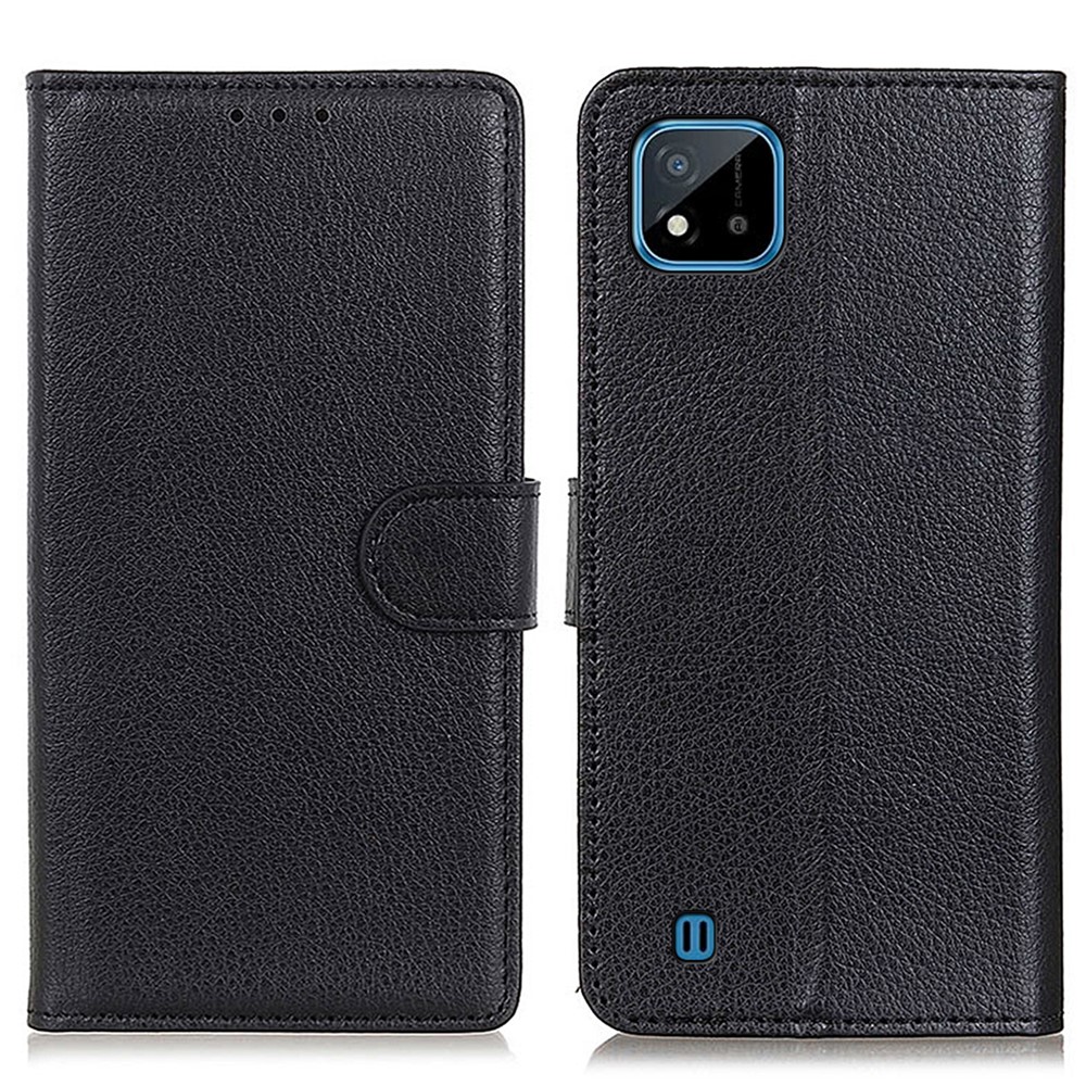 Litchi Texture Shock-absorption PU Leather Stand Wallet Phone Case Cover for Realme C20/C11 - Black-1