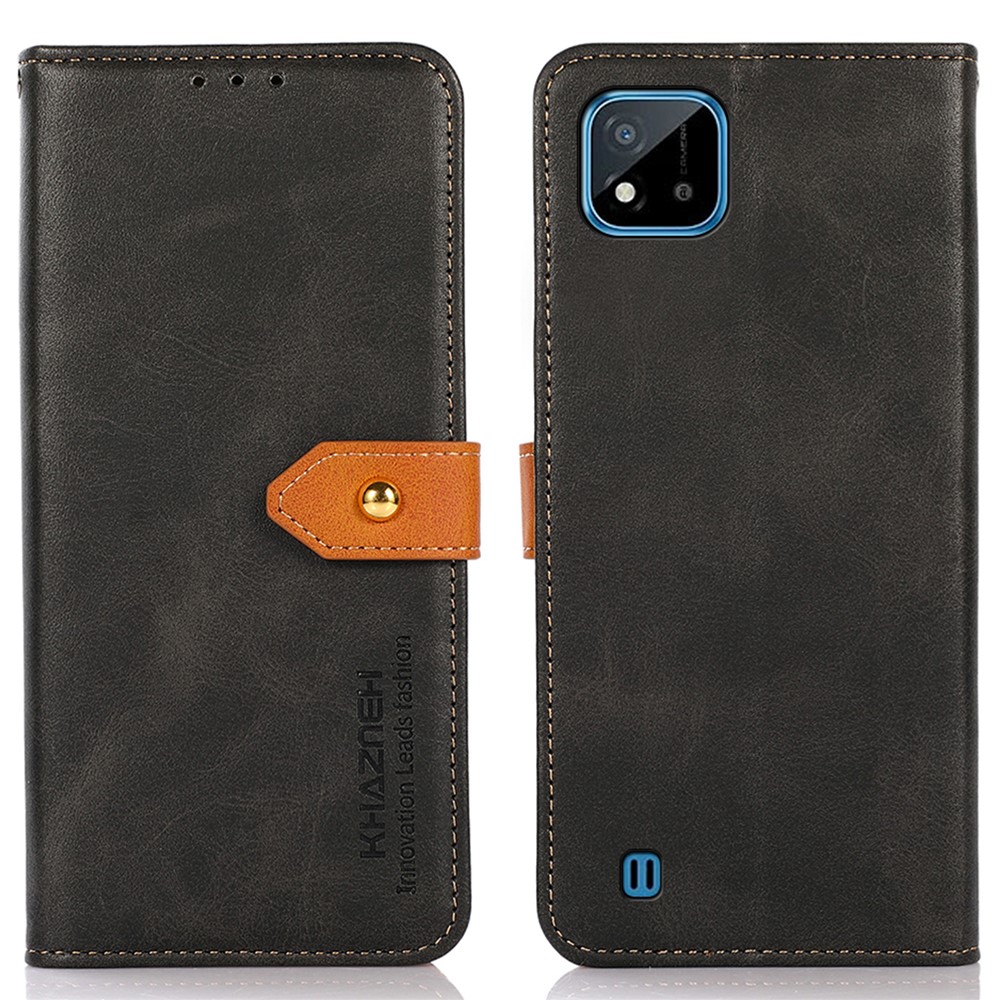 KHAZNEH Premium PU Leather Wallet Case Magnetic Golden Clasp Shockproof Flip Stand Phone Case for Realme C20 / C11 (2021) - Black-1