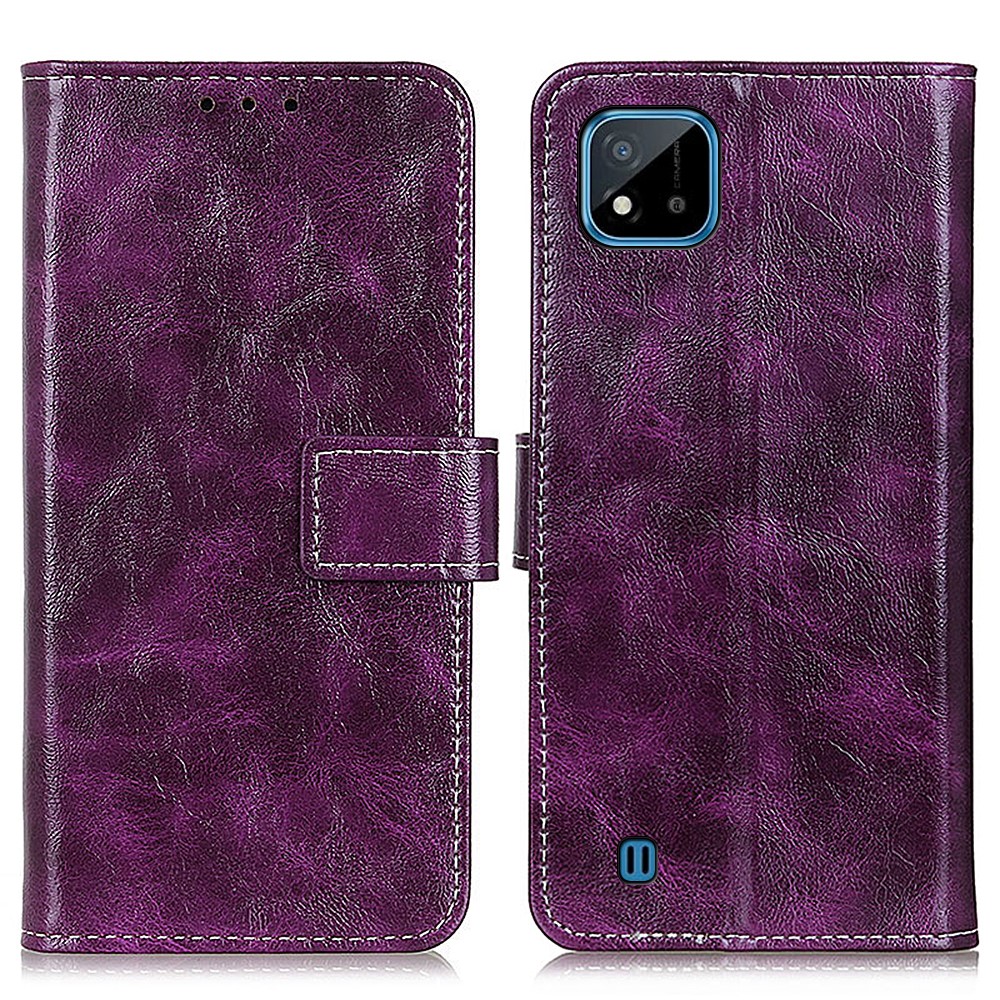 Vintage Style Crazy Horse Texture PU Leather Wallet Stand Flip Shockproof Protective Phone Case for Realme C20 / C11 (2021) - Purple-1