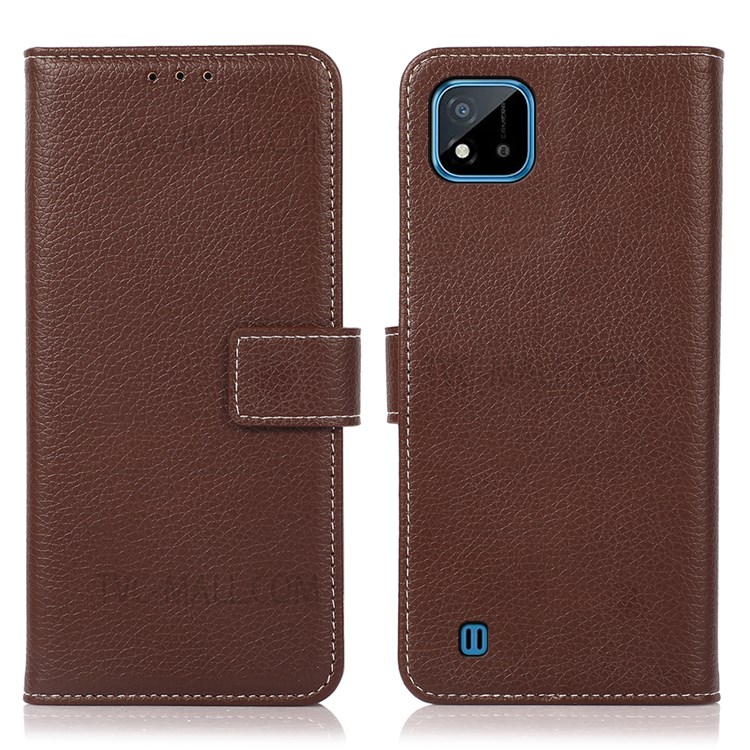Book Flip Design Litchi Texture PU Leather Wallet Magnetic Closure Stand Protective Cover for Realme C20 / C11 (2021) - Brown-1