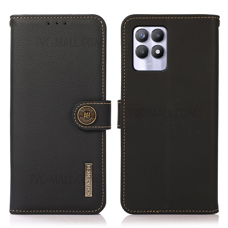 KHAZNEH Top Layer Genuine Leather Full Protection Anti-shock Stand RFID Blocking Wallet Folio Flip Cover for Realme 8i - Black-1