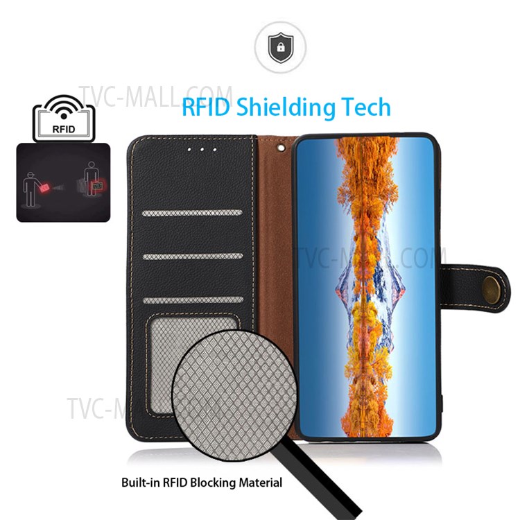 KHAZNEH Top Layer Genuine Leather Full Protection Anti-shock Stand RFID Blocking Wallet Folio Flip Cover for Realme 8i - Black-4