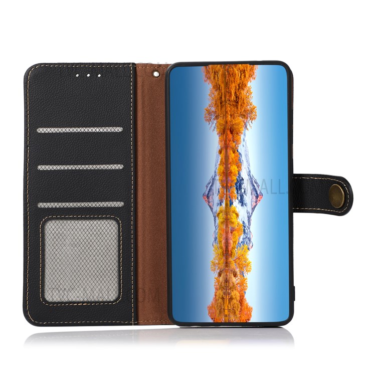 KHAZNEH Top Layer Genuine Leather Full Protection Anti-shock Stand RFID Blocking Wallet Folio Flip Cover for Realme 8i - Black-6