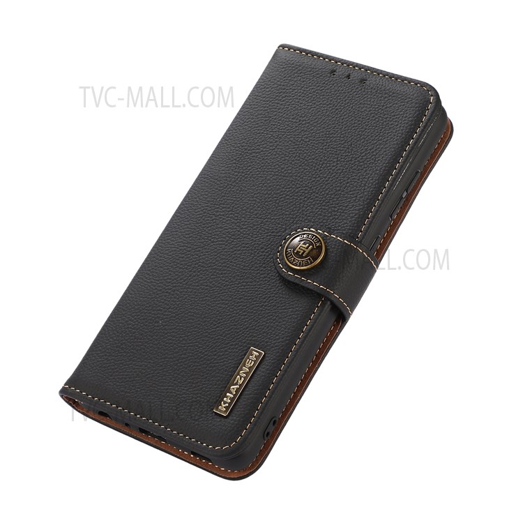 KHAZNEH Top Layer Genuine Leather Full Protection Anti-shock Stand RFID Blocking Wallet Folio Flip Cover for Realme 8i - Black-7