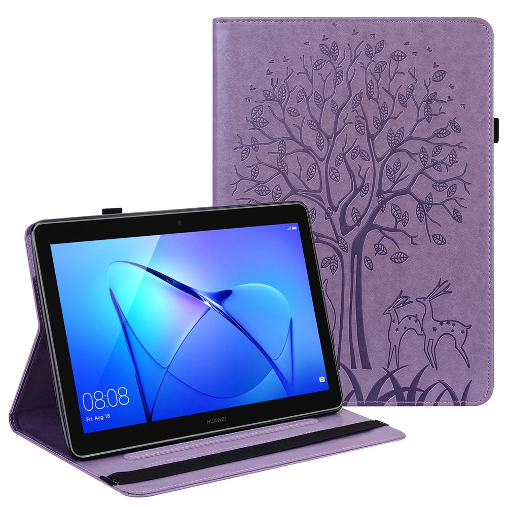 Imprinting Tree Deer Pattern PU Leather Card Slots Tablet Cover Shell with Stand for Realme Pad 10.4-inch - Purple-1