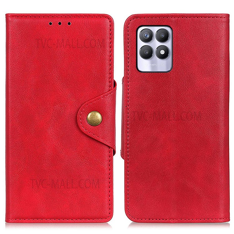 For Realme 8i Folio Flip Anti-Fall Phone Cover Brass Buckle Design PU Leather Wallet Stand Case with Magnetic Clasp - Red-1