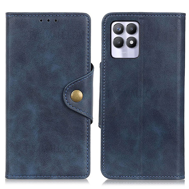 For Realme 8i Folio Flip Anti-Fall Phone Cover Brass Buckle Design PU Leather Wallet Stand Case with Magnetic Clasp - Blue-1