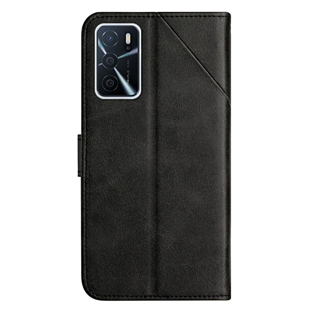 Stripe Design Leather Solid Color Magnetic Clasp Wallet Stand Phone Shell Case for Oppo A16 / A16s / A54s - Black-3