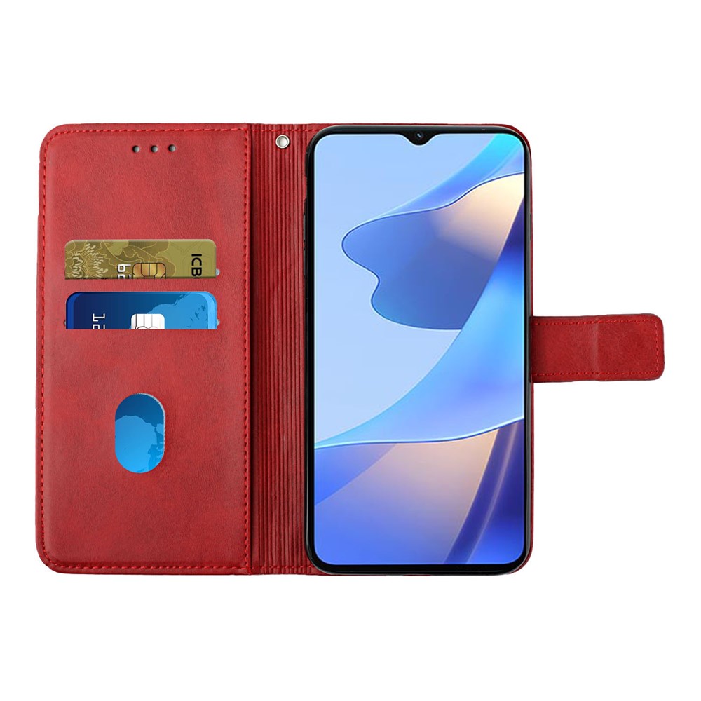 Stripe Design Leather Solid Color Magnetic Clasp Wallet Stand Phone Shell Case for Oppo A16 / A16s / A54s - Red-5