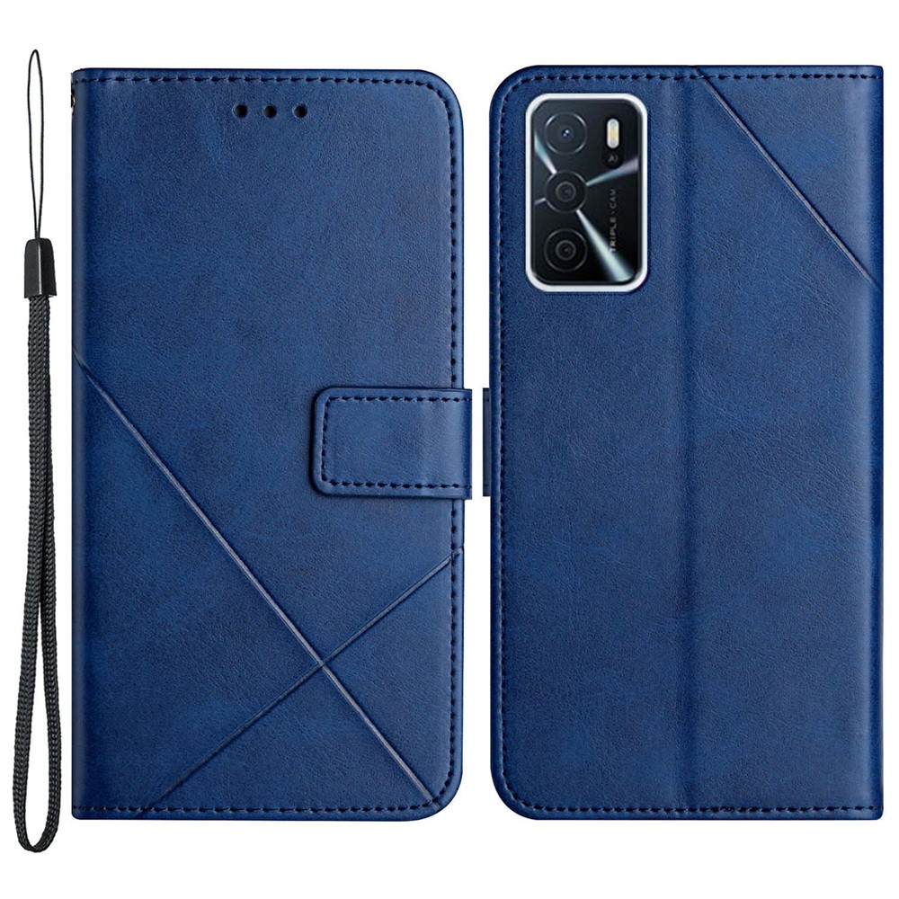 Stripe Design Leather Solid Color Magnetic Clasp Wallet Stand Phone Shell Case for Oppo A16 / A16s / A54s - Blue-1