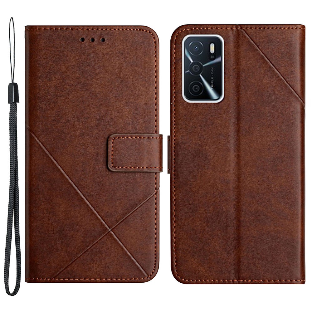 Stripe Design Leather Solid Color Magnetic Clasp Wallet Stand Phone Shell Case for Oppo A16 / A16s / A54s - Coffee-1