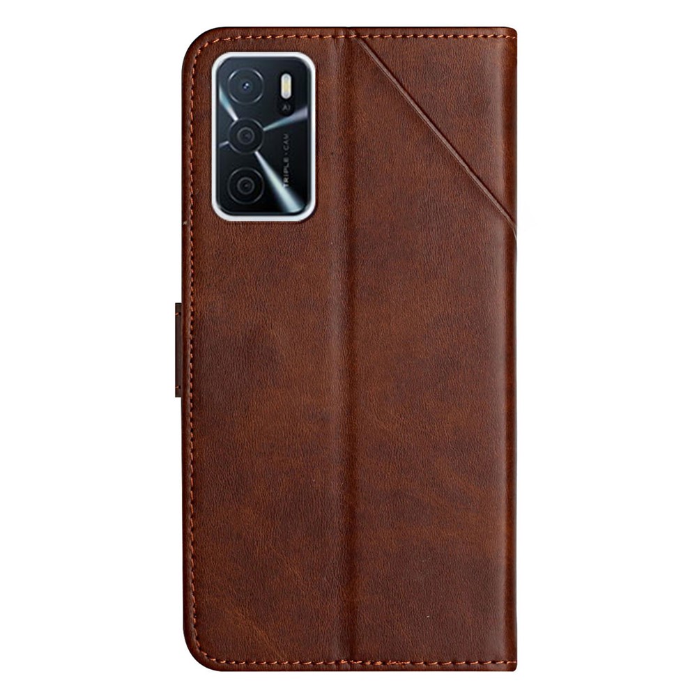Stripe Design Leather Solid Color Magnetic Clasp Wallet Stand Phone Shell Case for Oppo A16 / A16s / A54s - Coffee-3