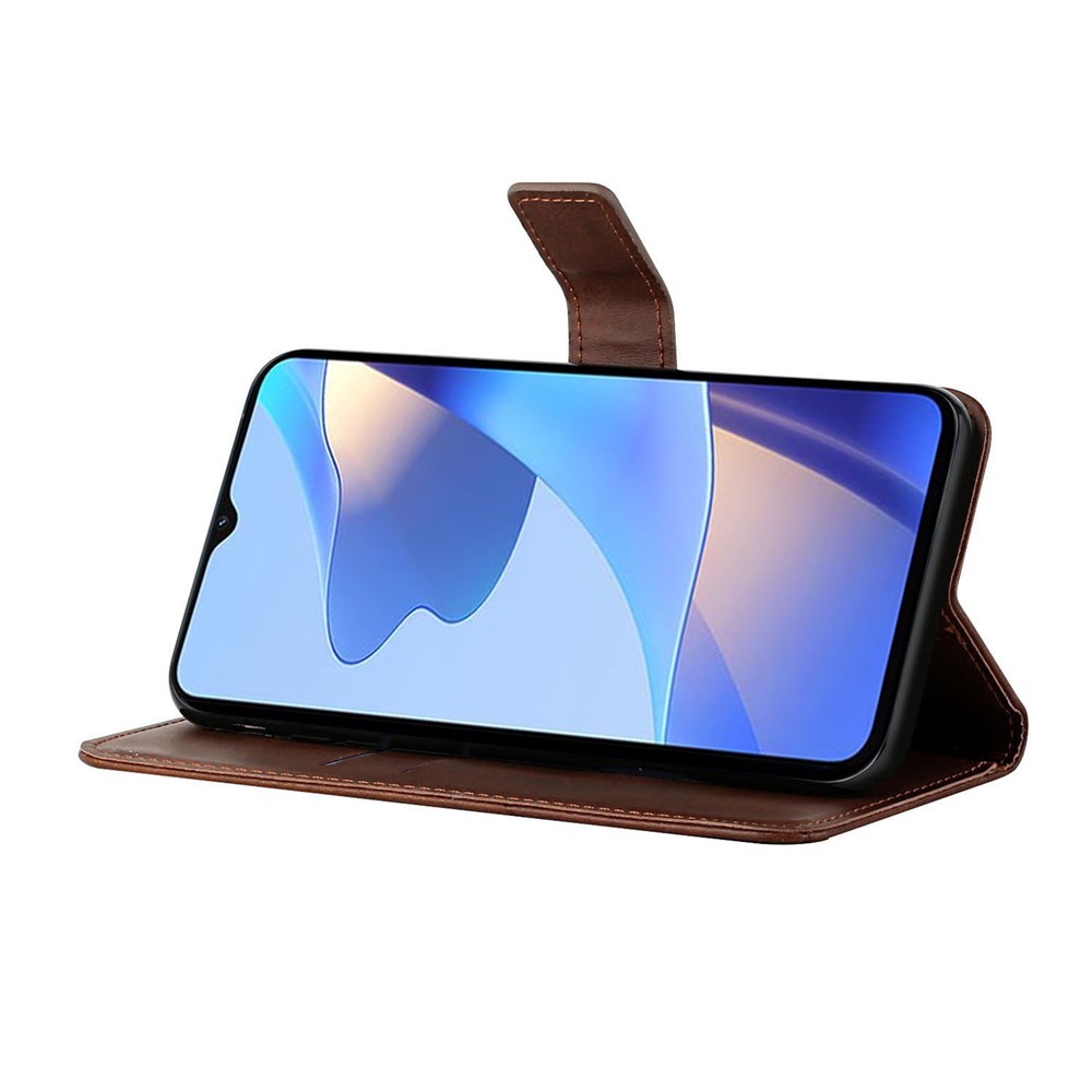Stripe Design Leather Solid Color Magnetic Clasp Wallet Stand Phone Shell Case for Oppo A16 / A16s / A54s - Coffee-4