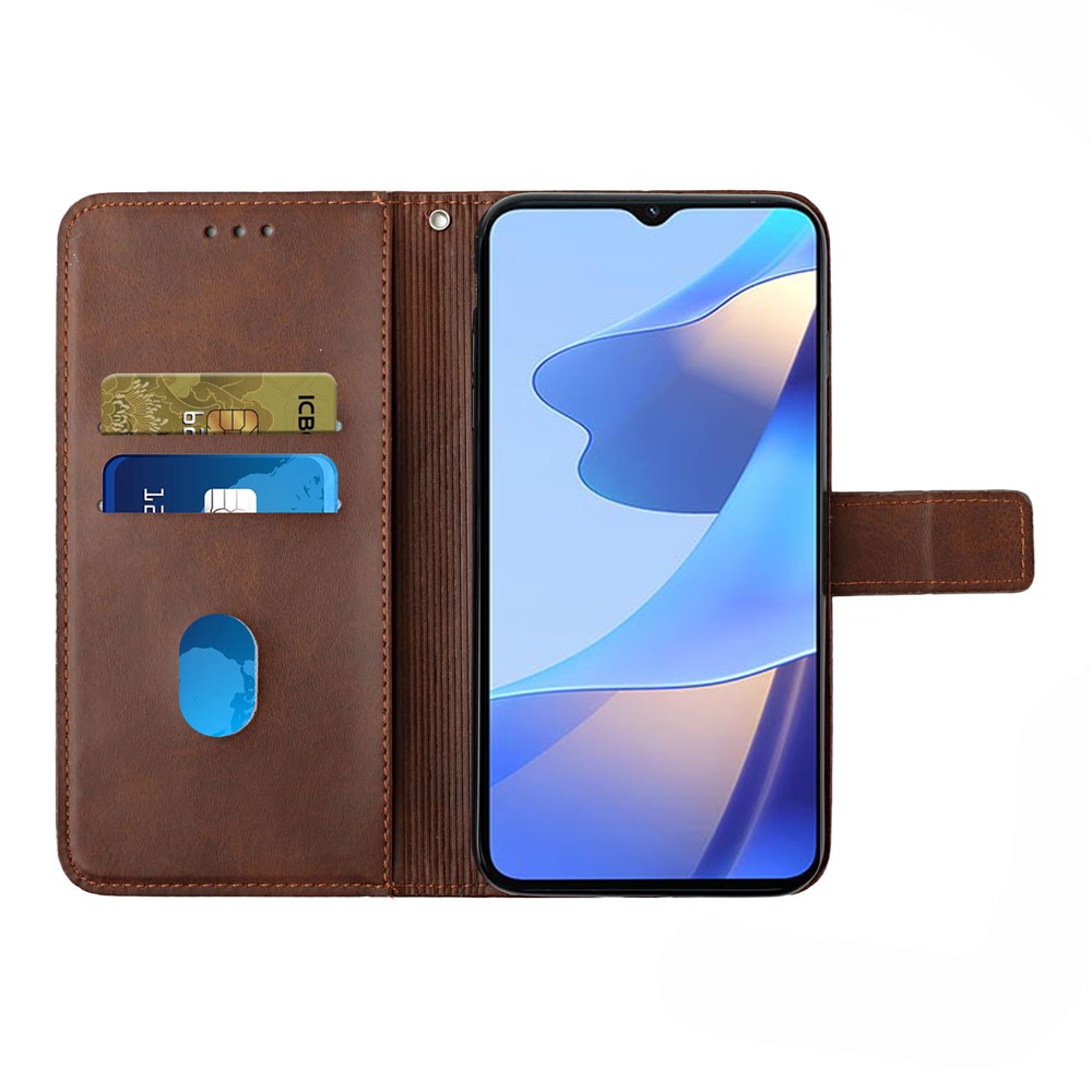 Stripe Design Leather Solid Color Magnetic Clasp Wallet Stand Phone Shell Case for Oppo A16 / A16s / A54s - Coffee-5
