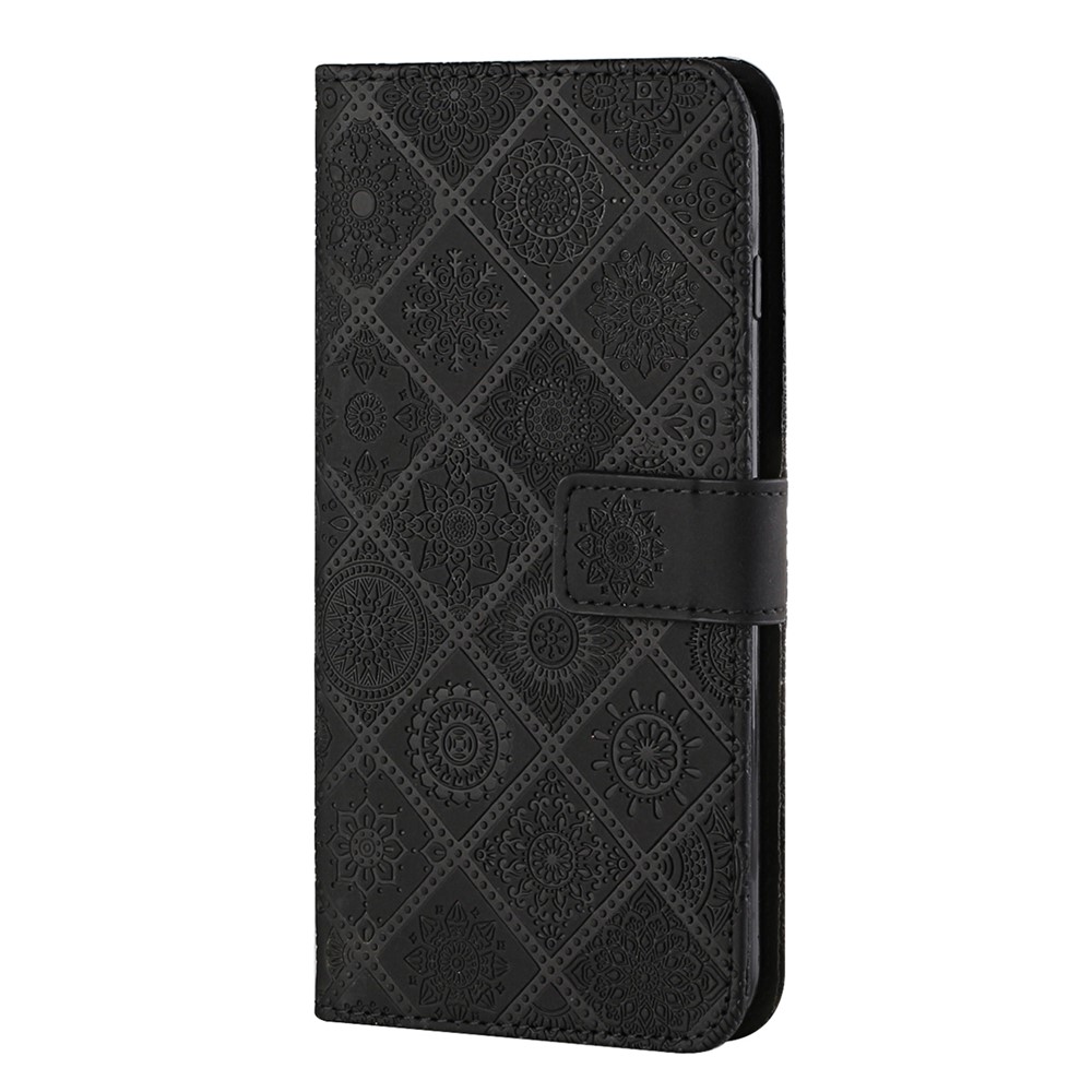 Stand Feature Ethnic Style Imprinted Flower PU Leather Magnetic Flip Shockproof Protective Case with Strap for Oppo A16 - Black-2
