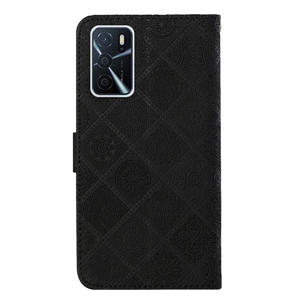Stand Feature Ethnic Style Imprinted Flower PU Leather Magnetic Flip Shockproof Protective Case with Strap for Oppo A16 - Black-3